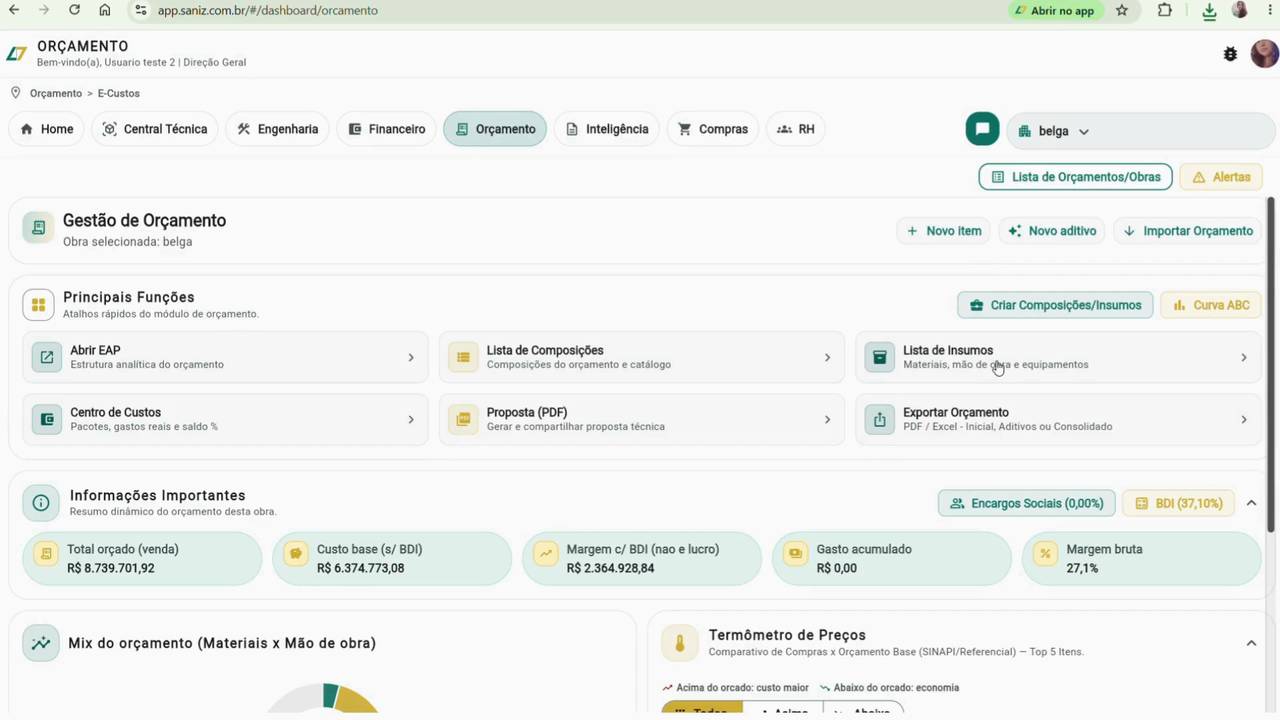 Tela real do App Saniz para gestão integrada de obras