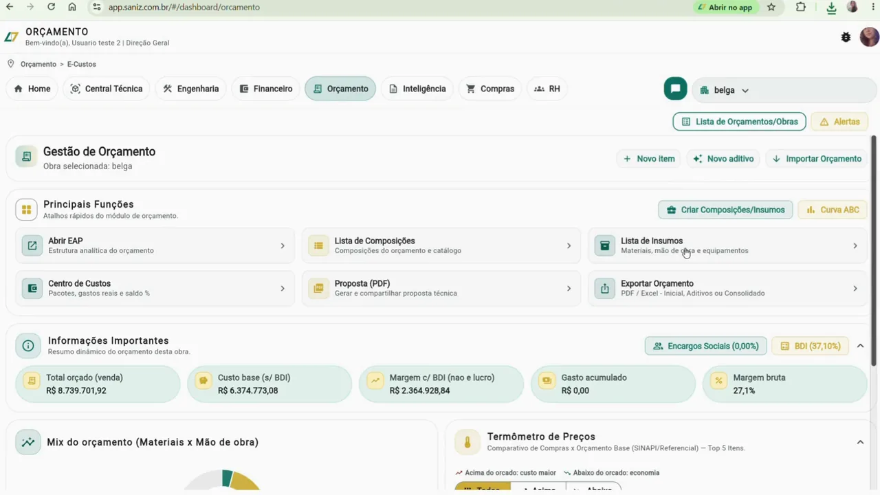 Tela real do App Saniz para gestão integrada de obras